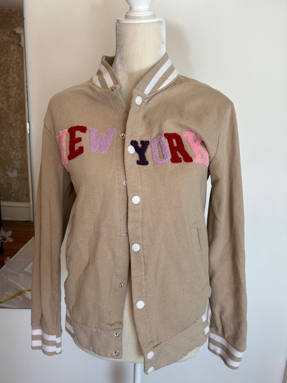 On Fire Beige Varsity Jacket with Colorful Chenille 'New York'